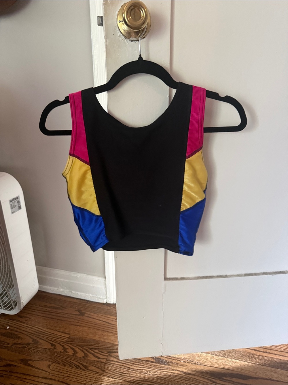 Vintage Black Crop Top with Pink, Gold & Blue Panels